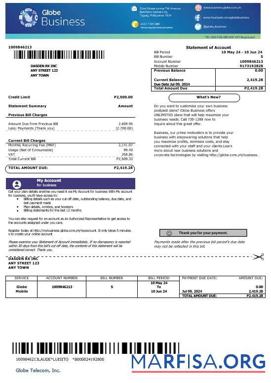 Realistic Philippines Globe Business business utility bill template in Word and PDF formats